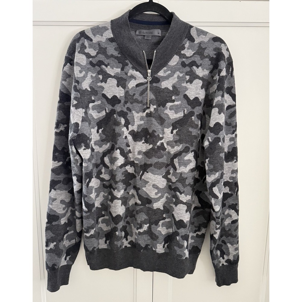 G/Fore 1/4 Zip Sweater Size L in Shades of Gray Camouflage 100% Wool EUC Golf